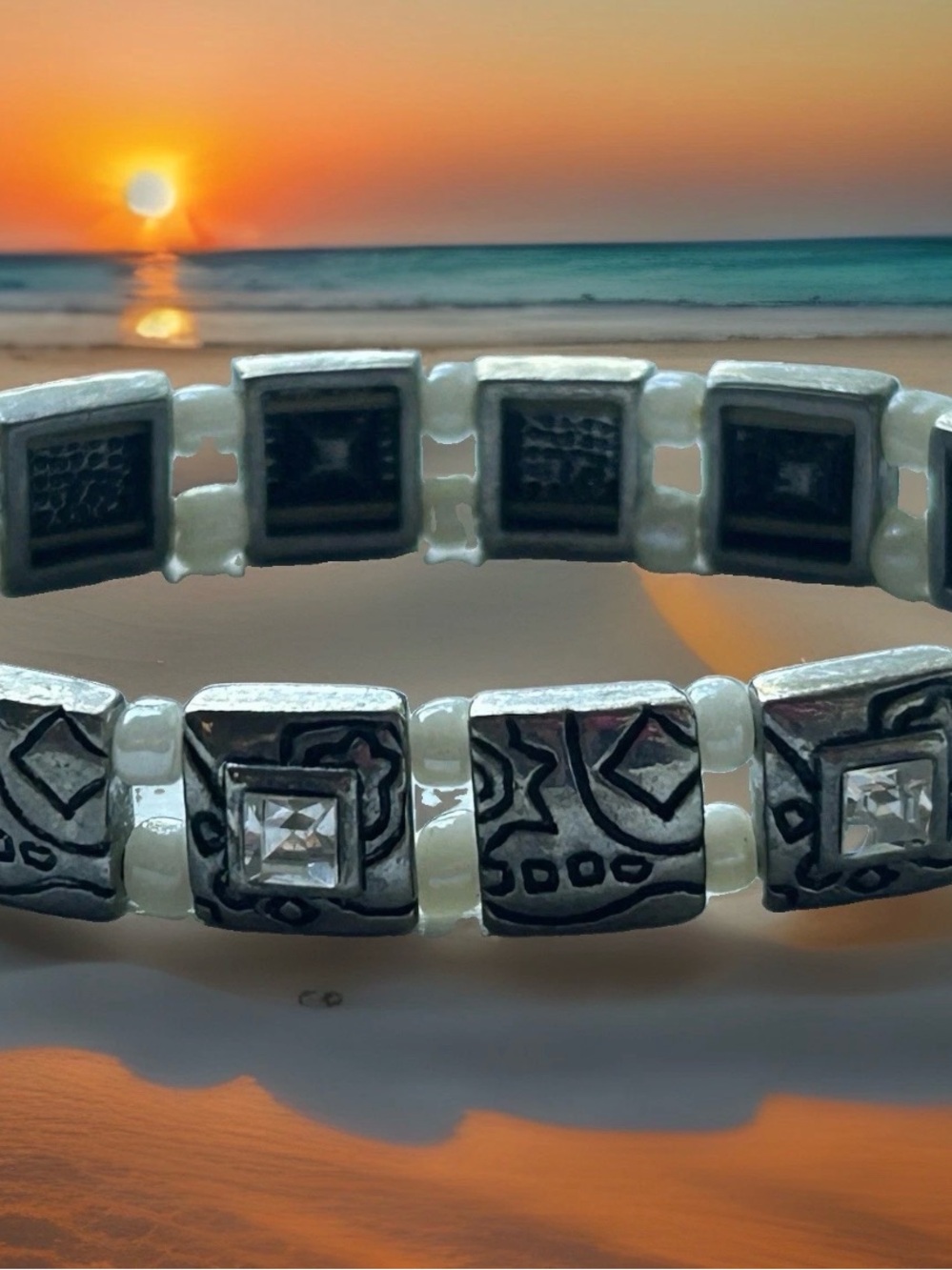 Vintage Silver-Tone and White Stretch Bracelet with Clear Accent Stones
